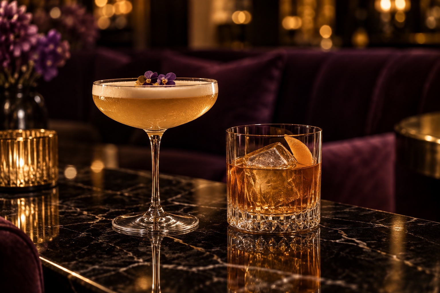 暖金燈光下的兩杯酒飲氛圍概念圖,非店內酒單